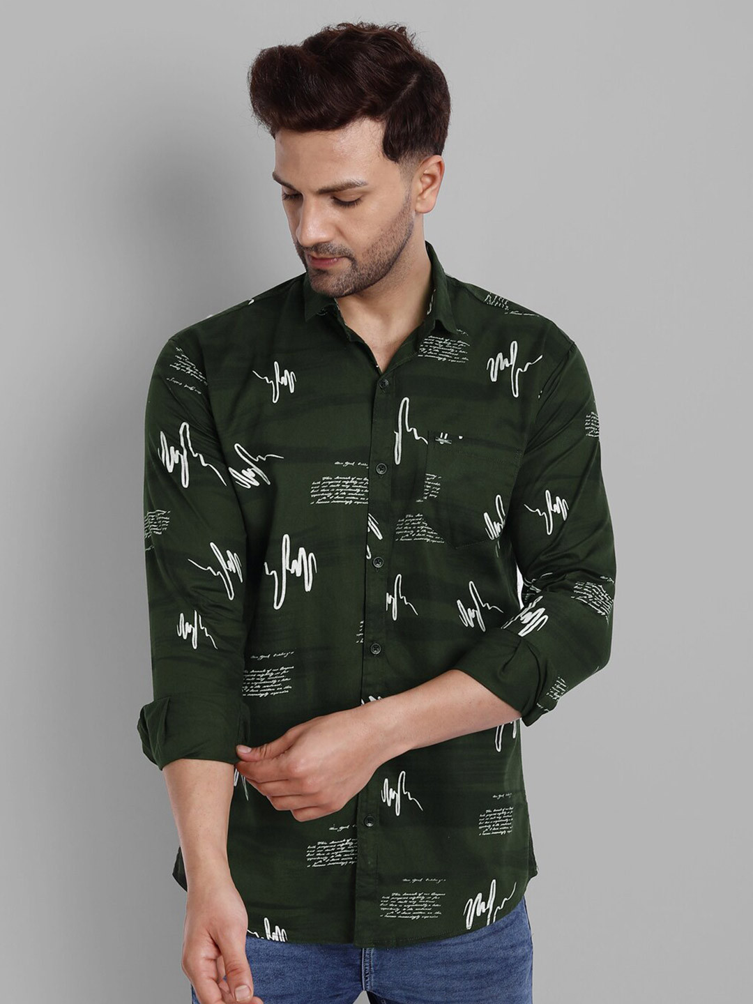 Majestic Man Men Green Slim Fit Floral Printed Casual Cotton  Shirt