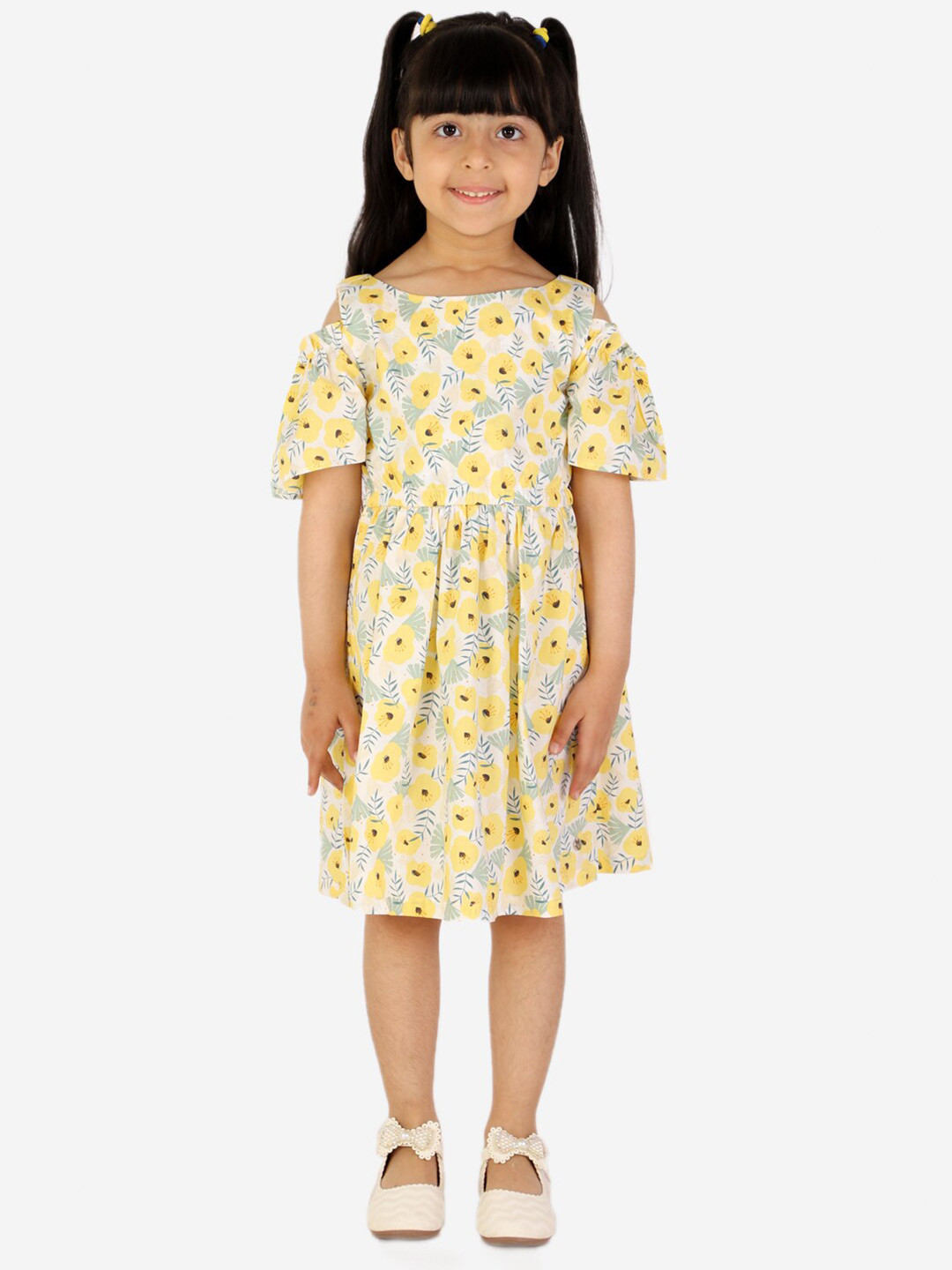 White Dahlia Girls Yellow Floral Cotton Dress