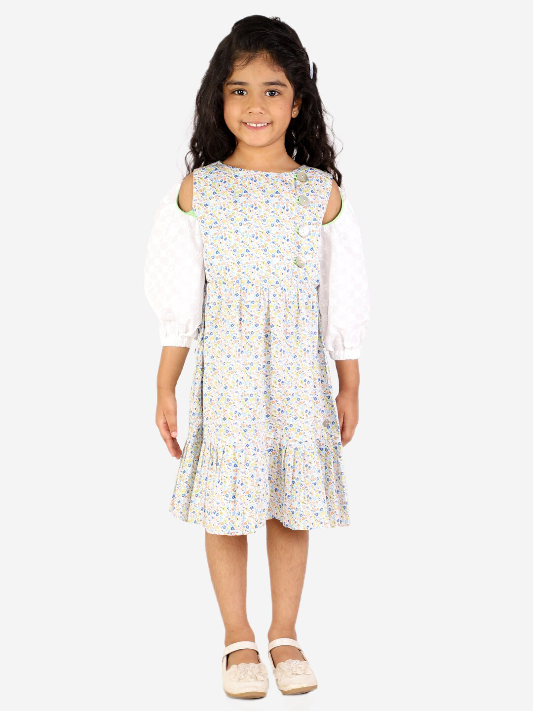 White Dahlia Girls Off White & Blue Floral Printed A-Line Dress