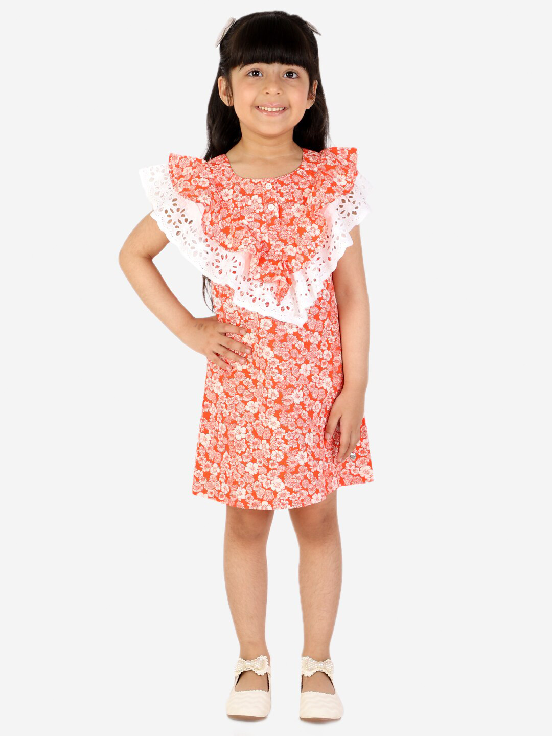 White Dahlia kids Orange Floral A-Line Dress