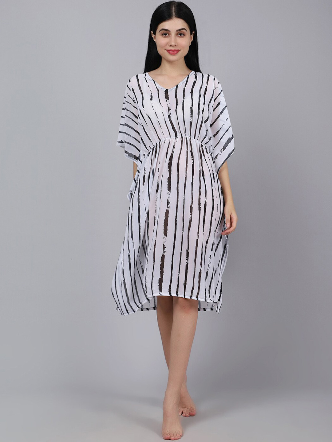 Aoba Women White & Black Printed Kaftan Swim Cover Up Dress