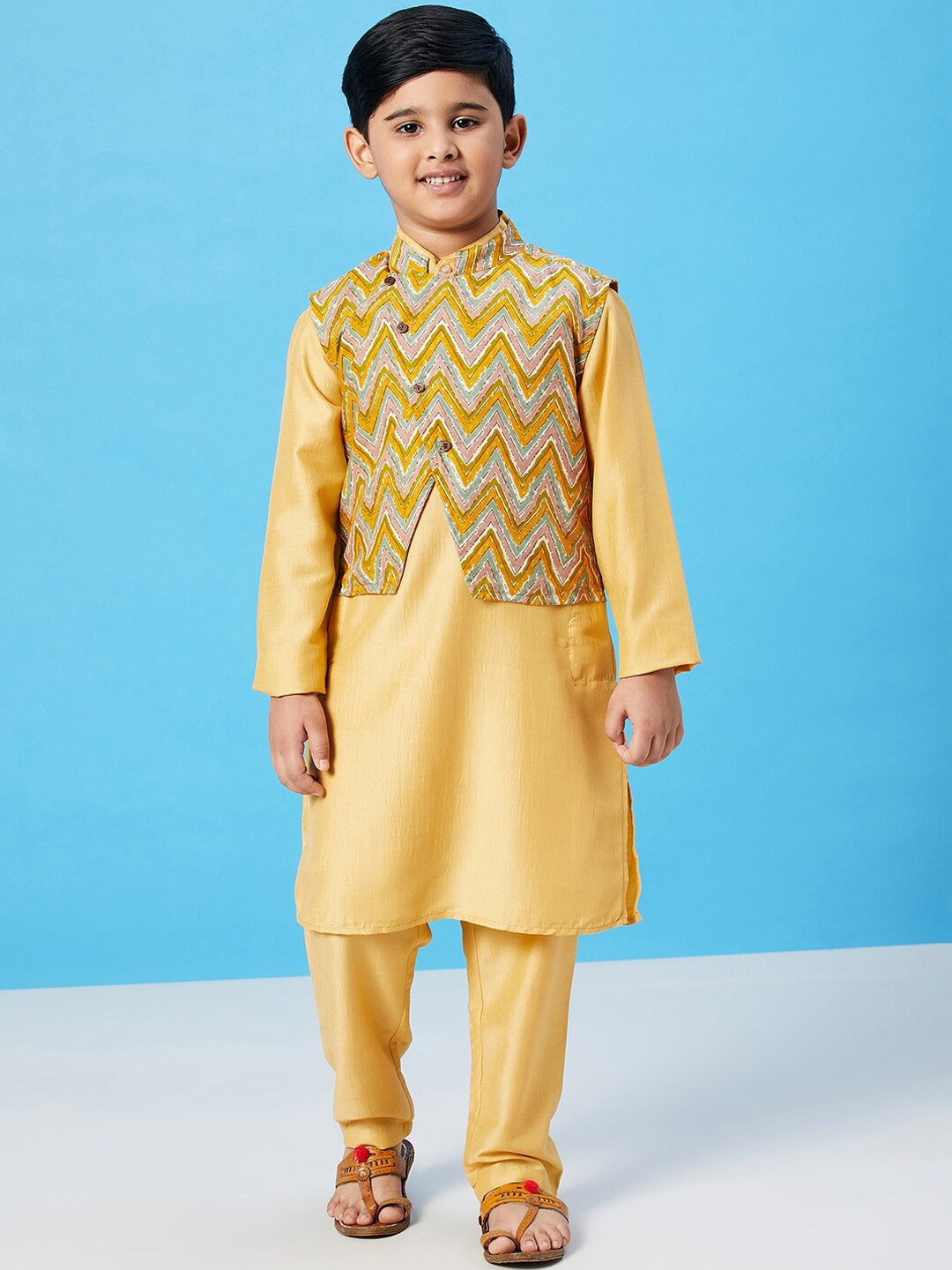 Stylo Bug Boys Yellow Kurta with Pyjamas & Jacket