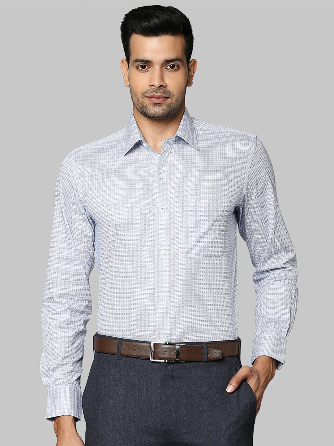 Raymond Men Blue Checked Organic Cotton Formal Shirts