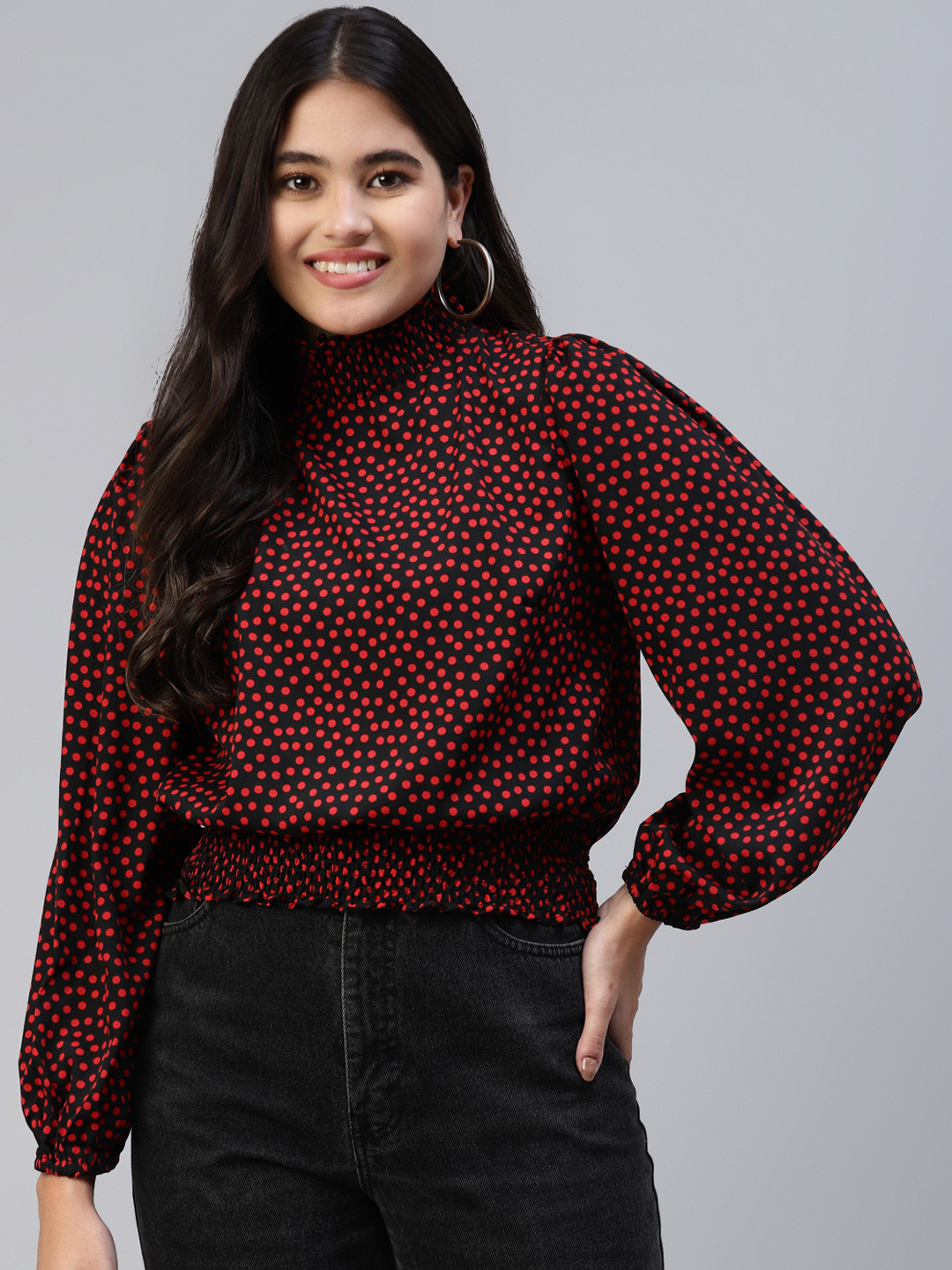 plusS Women Black & Red Print Bishop Sleeves Top