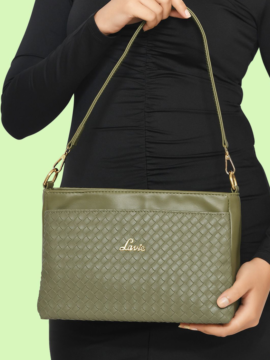 Lavie Olive Green Textured Bot Olivia Structured Sling Bag