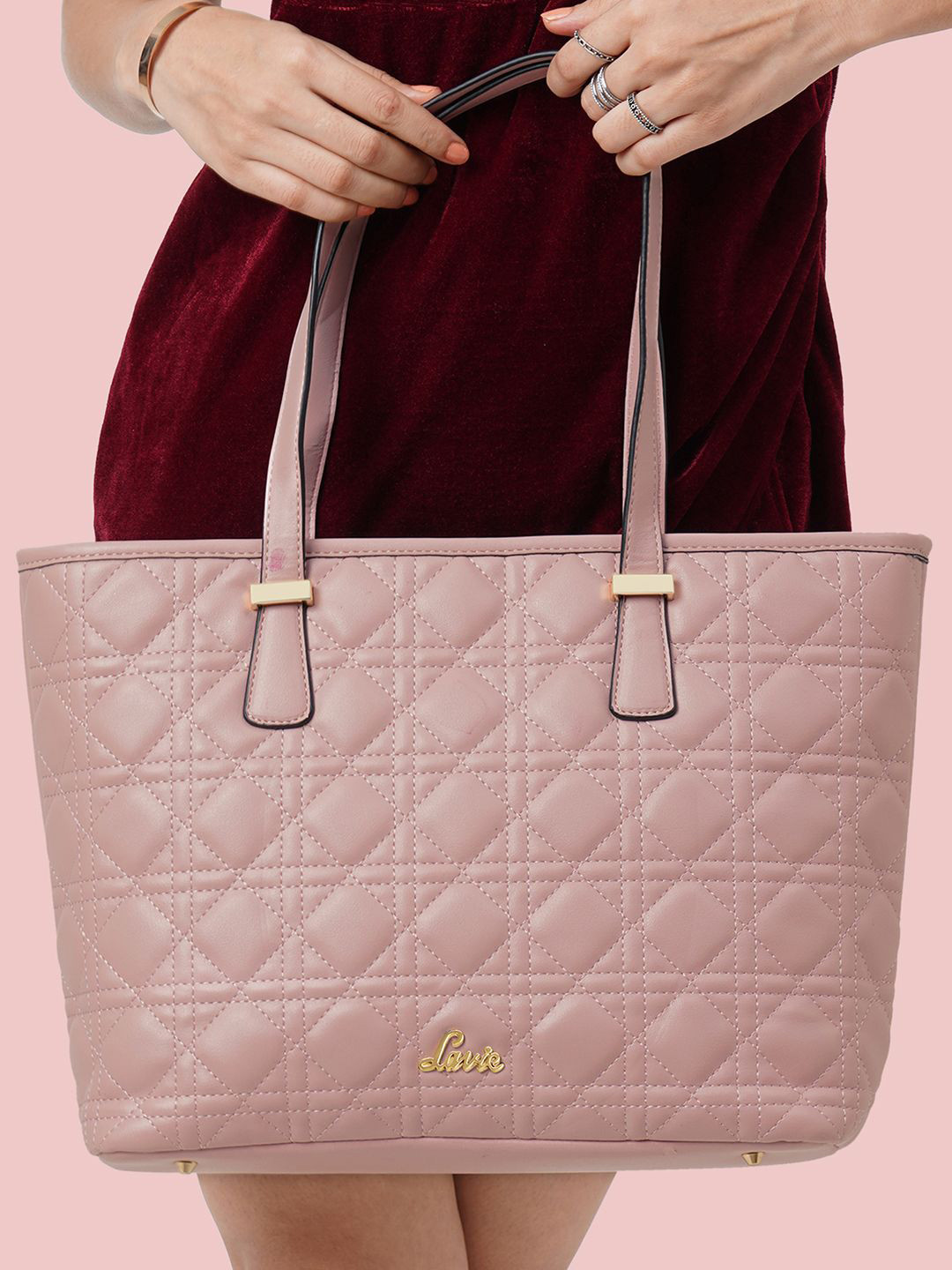 Lavie Dio Sherry Pink Textured Structured Shoulder Bag with Quilted Detail