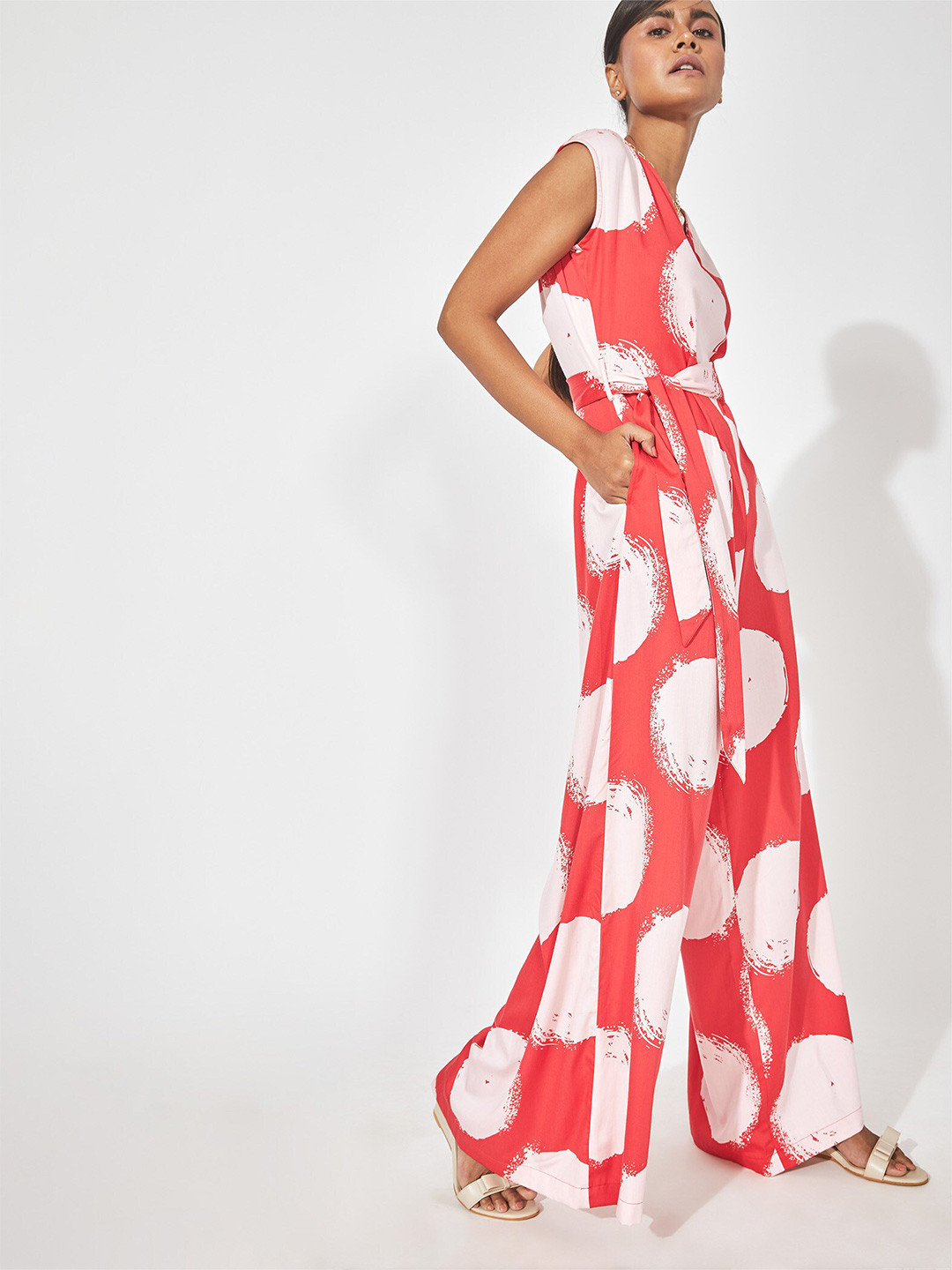 The Label Life Red & White Modal Printed Wide Leg Basic Jumpsuit