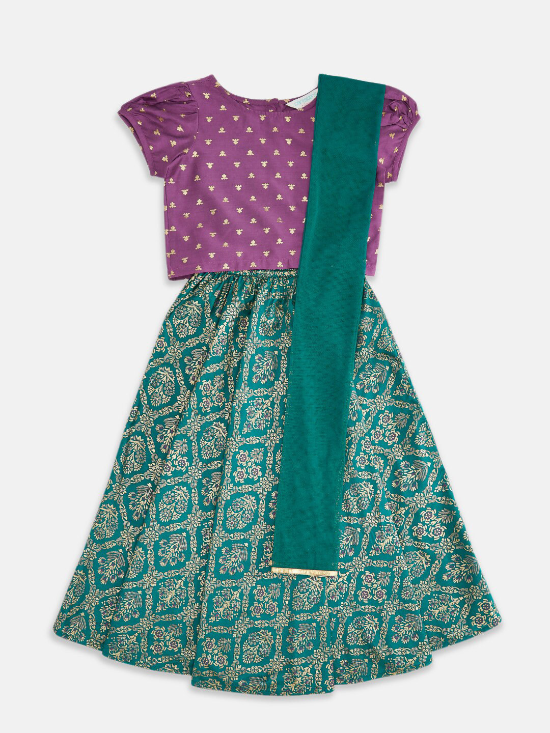 AKKRITI BY PANTALOONS Girls Teal & Violet Printed Ready to Wear Lehenga & Blouse With Dupatta