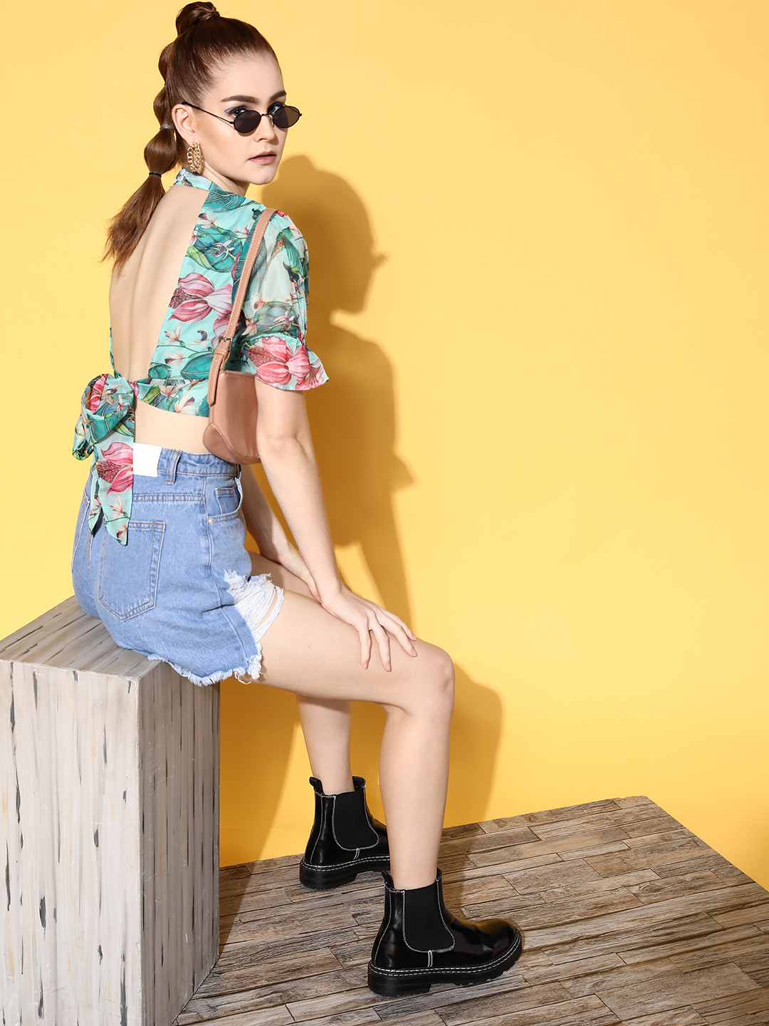 The Dry State Enchanting Sea Green Floral Twist & Knot Top