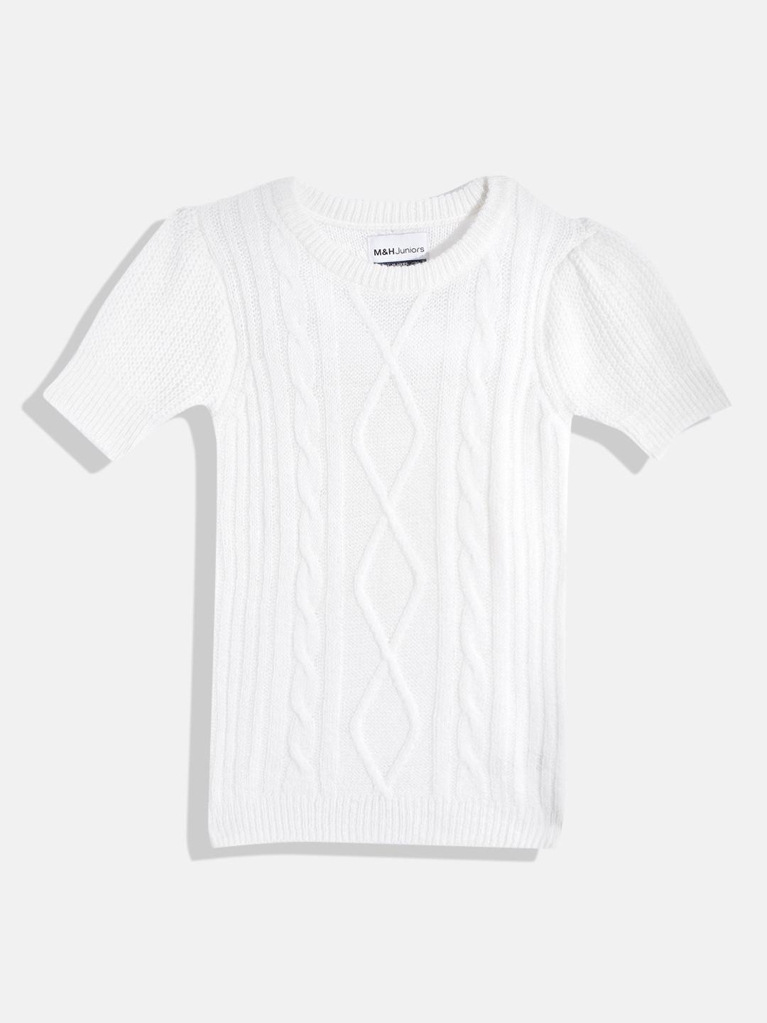M&H Juniors Girls White Cable Knit Puff Sleeves Pullover