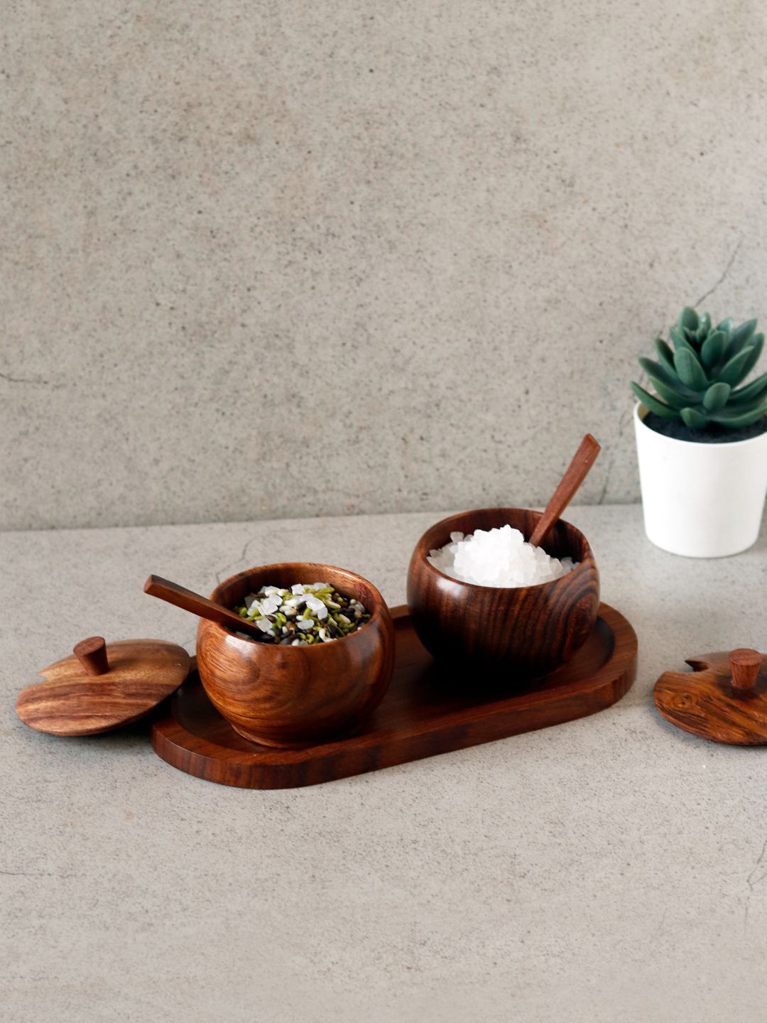 Unravel India Brown Solid Wooden Refreshment Jar and spoon With Tray