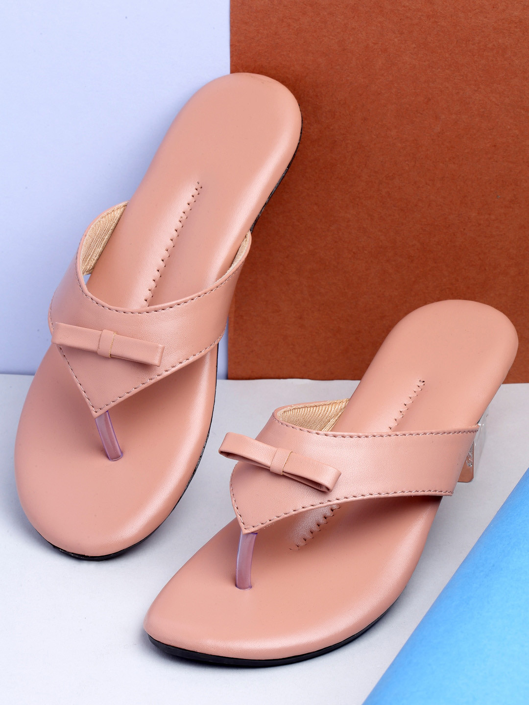AROOM Women Peach-Coloured Bows Open Toe Flats