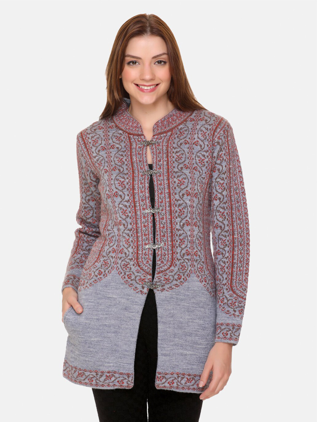 aarbee Women Blue & Maroon Woollen Floral Longline Cardigan