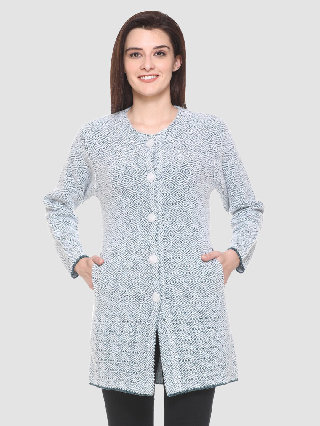 aarbee Women White & Grey Floral Full Sleeve Woollen  Longline Cardigan