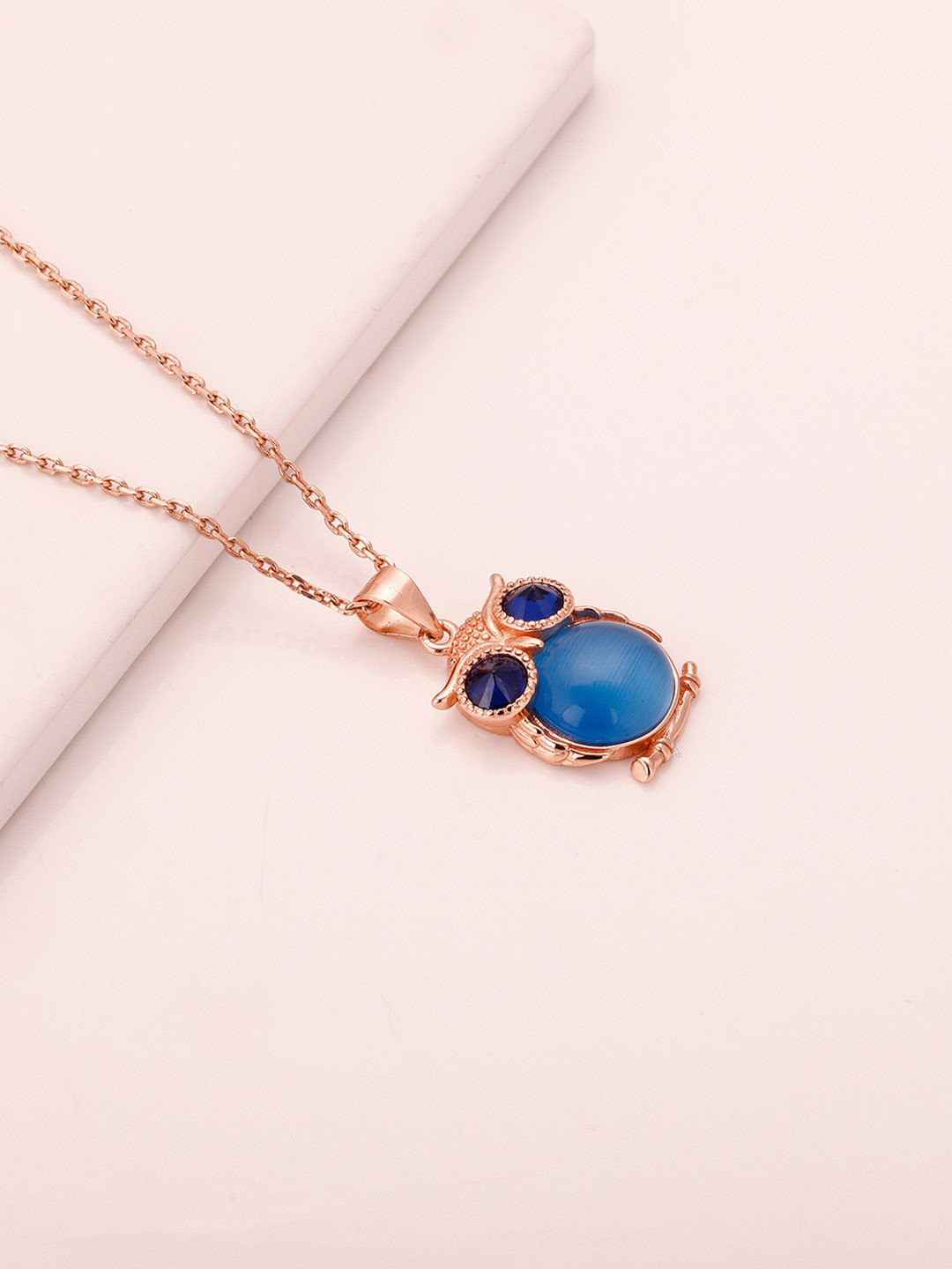 GIVA 925 Sterling Silver & Rose Gold-Plated Blue Stone-Studded Pendant With Link Chain