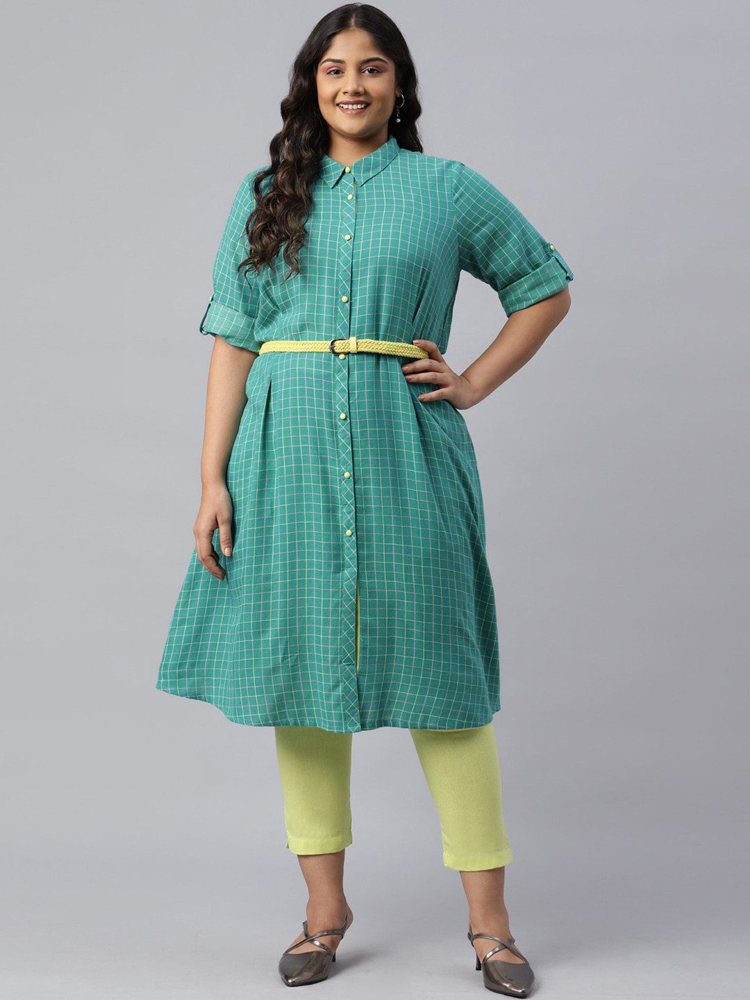 AURELIA Women Green Checked Thread Work Kurta