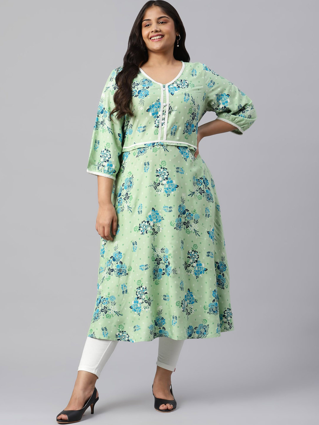 Aurelia Women Green Circular Floral Printed Liva Plus Size Kurta