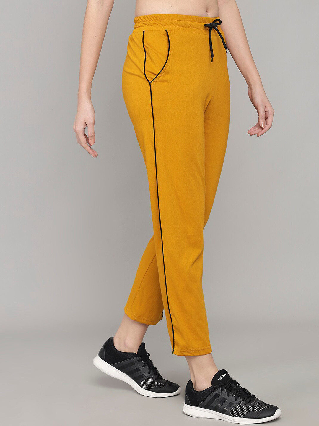 Q-rious Women Mustard-Yellow Solid Pure Cotton Track Pants