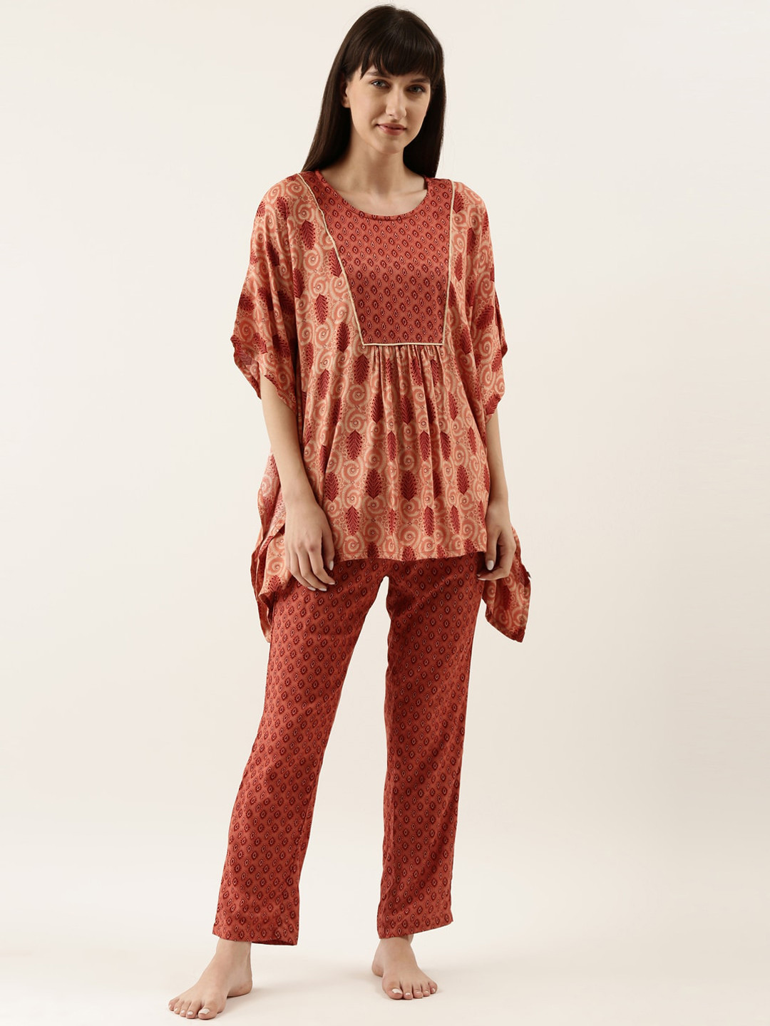 Bannos Swagger Women Peach and Brown Printed Kaftan Night Suit