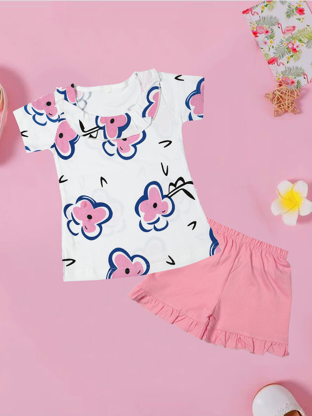 CATCUB Girls White & Blue Printed Top with Shorts