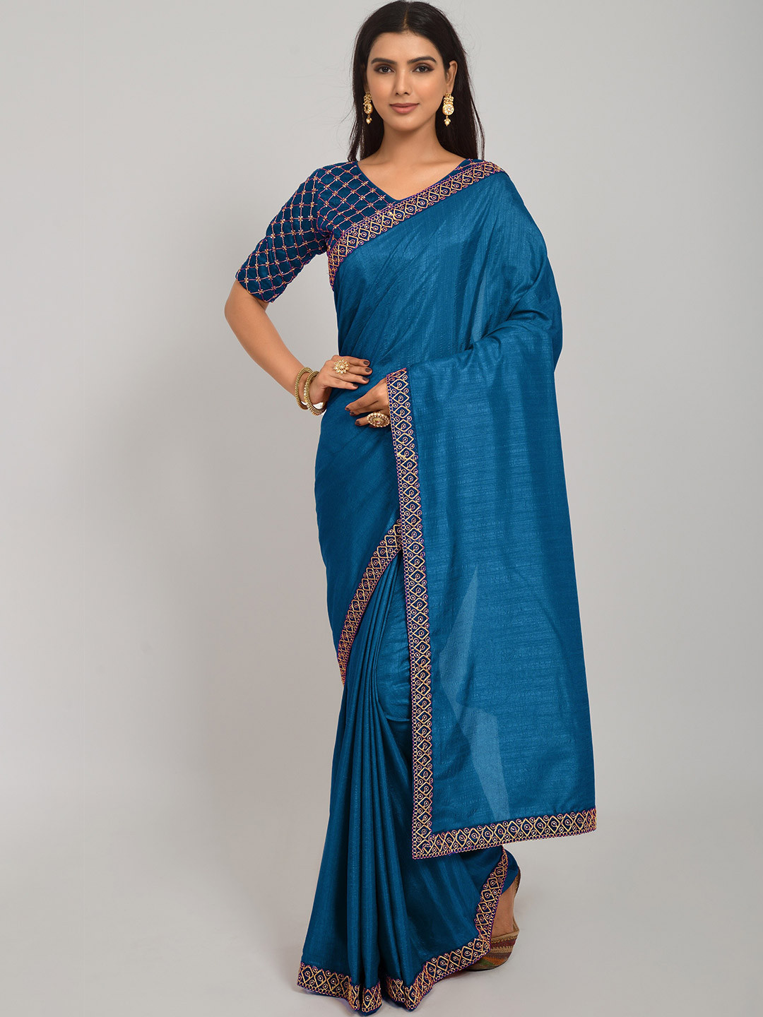 NPLASH FASHION Teal & Gold-Toned Silk Cotton Mysore Silk Saree