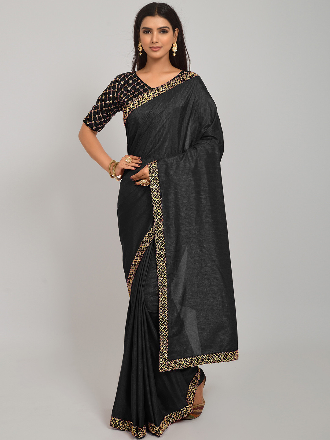 NPLASH FASHION Black & Gold-Toned Silk Cotton Mysore Silk Saree