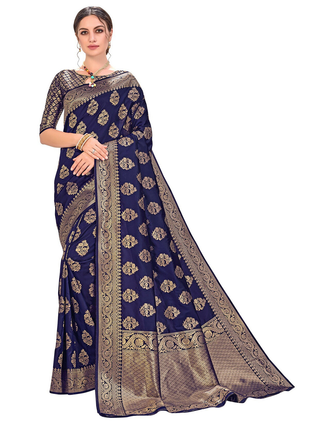 SARIYA Navy Blue & Gold-Toned Floral Zari Silk Blend Banarasi Saree