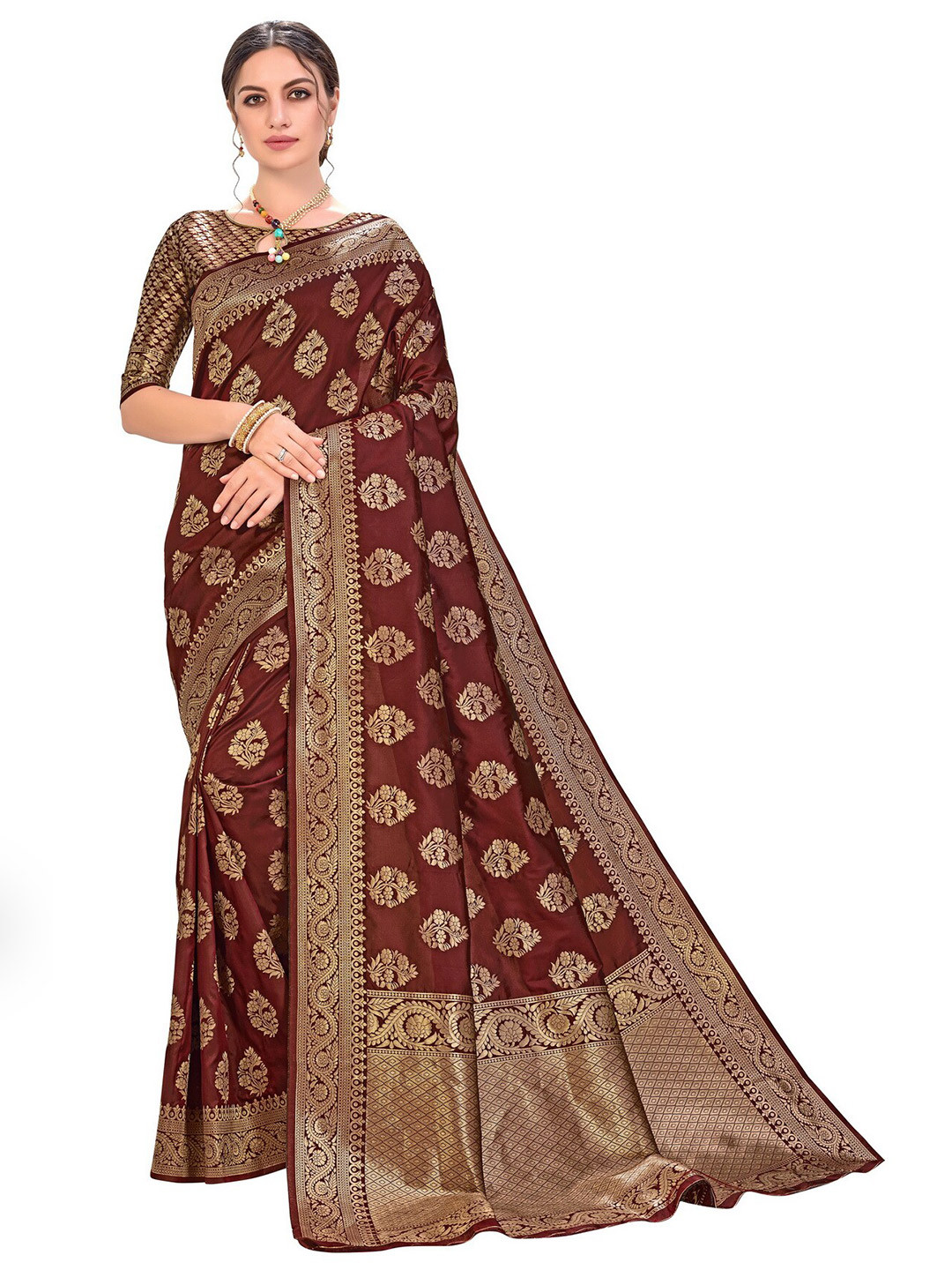 SARIYA Maroon & Gold-Toned Floral Zari Silk Blend Banarasi Saree