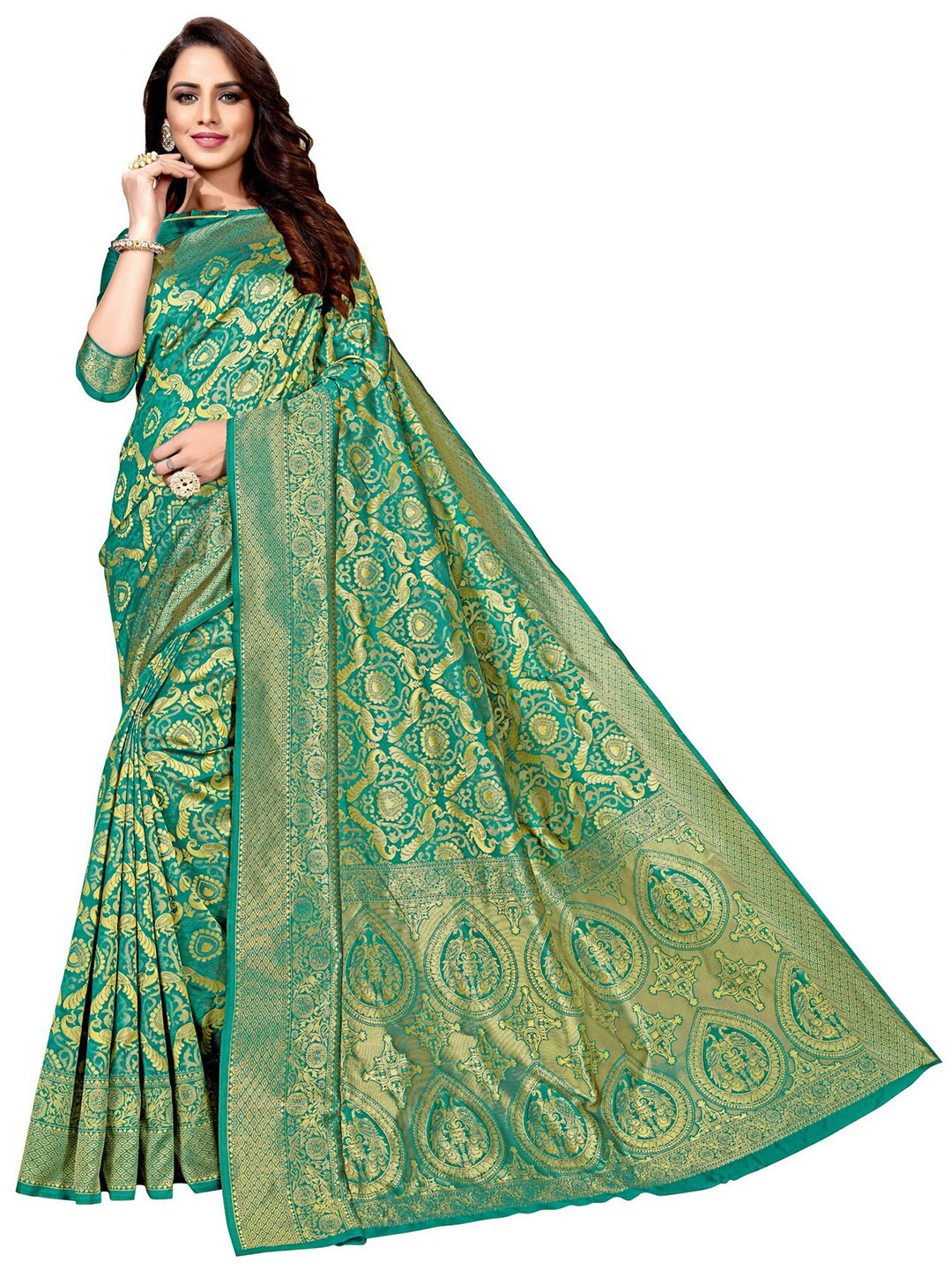 SARIYA Teal & Gold-Toned Floral Zari Silk Blend Banarasi Saree