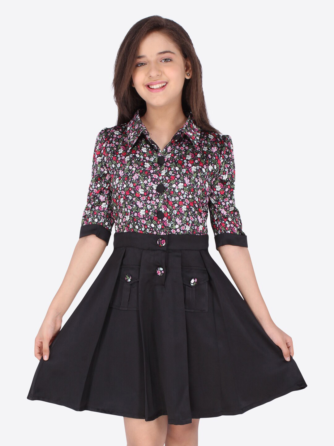 CUTECUMBER Black Floral Satin Shirt Dress