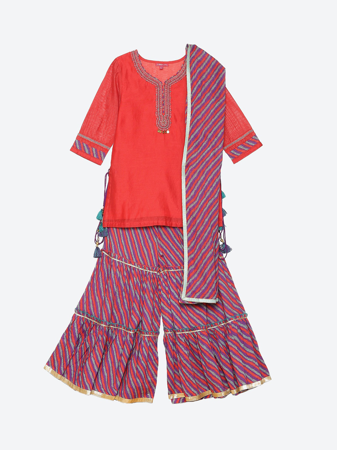 Biba Girls Red & Purple Striped Kurti with Sharara & With Dupatta