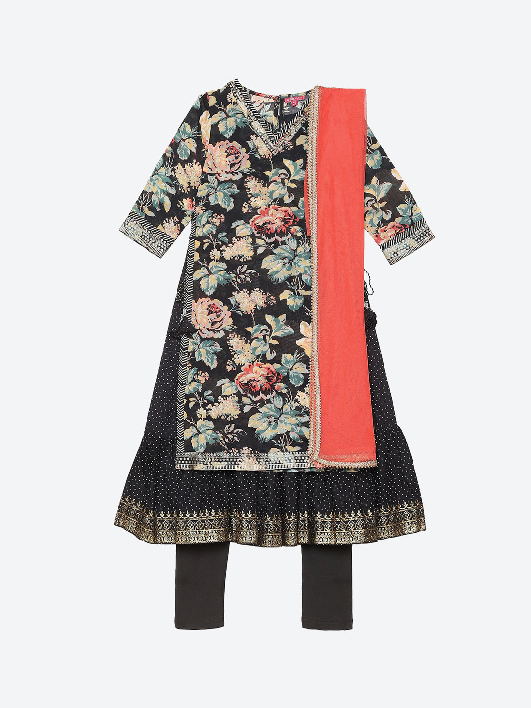 Biba Girls Black Floral Printed Kurta with Pyjamas & With Dupatta