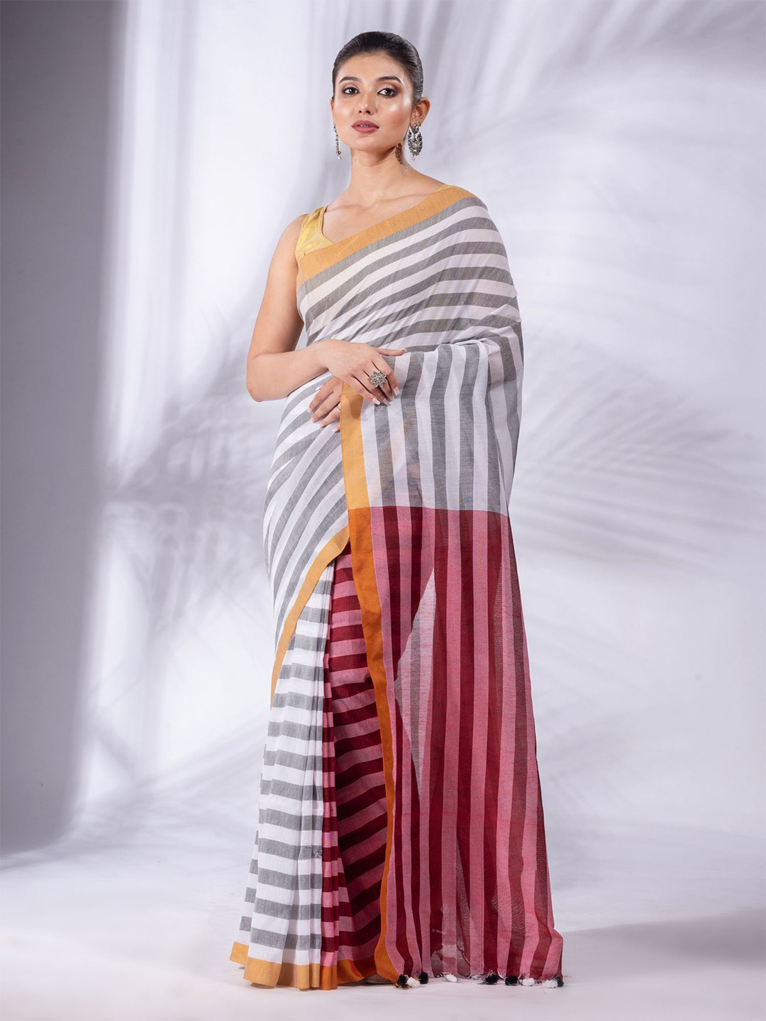 Charukriti White & Grey Woven Design Half & Half Pure Cotton Saree