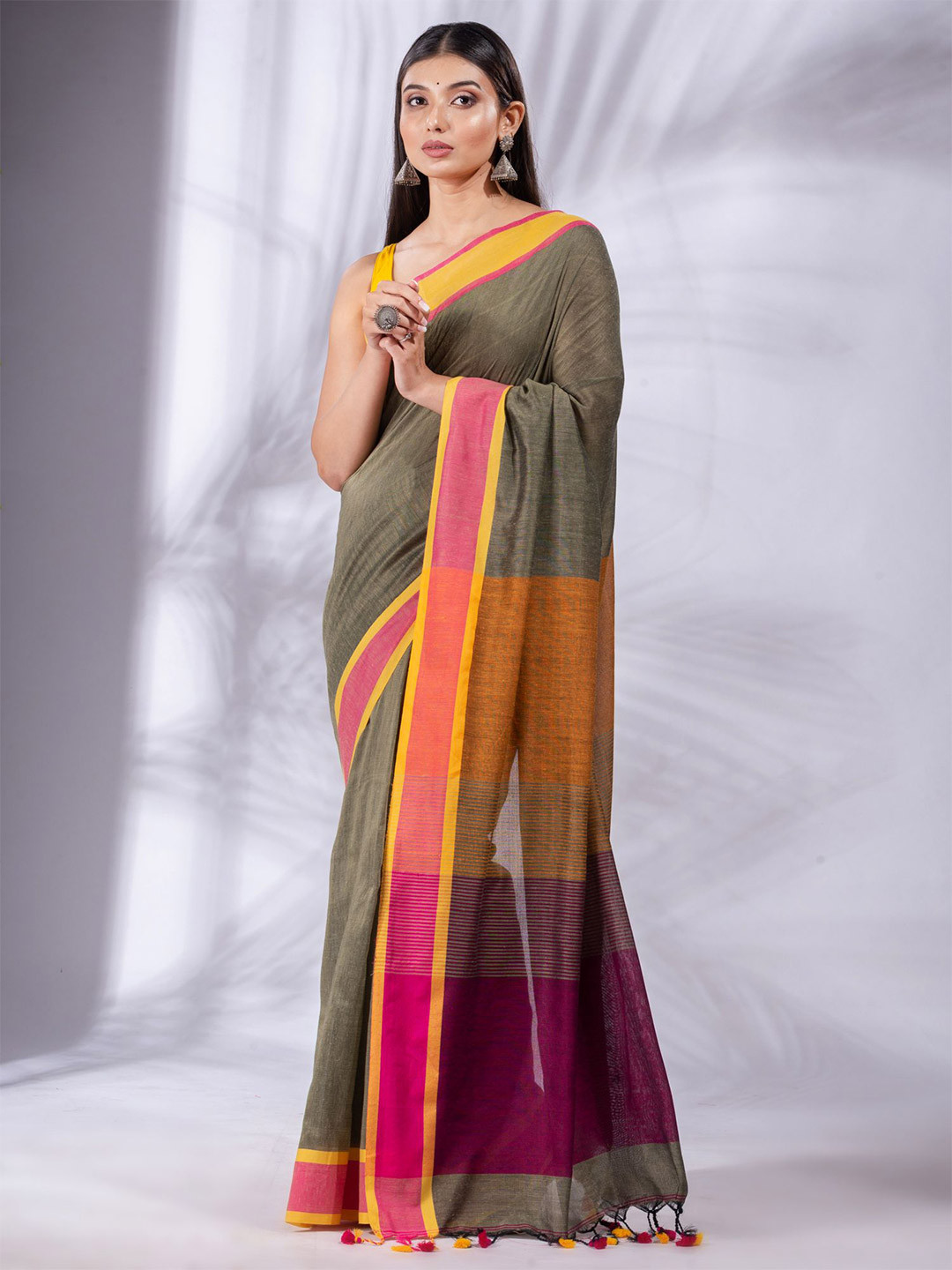 Charukriti Green & Orange Pure Cotton Saree