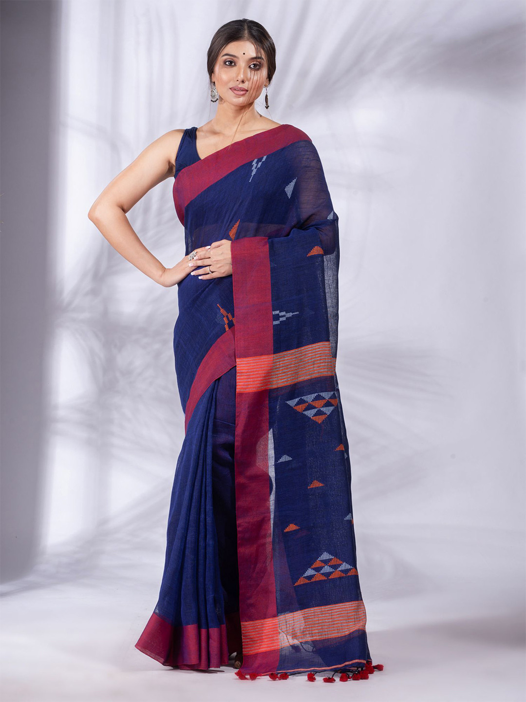 Charukriti Blue & Maroon Pure Linen Saree