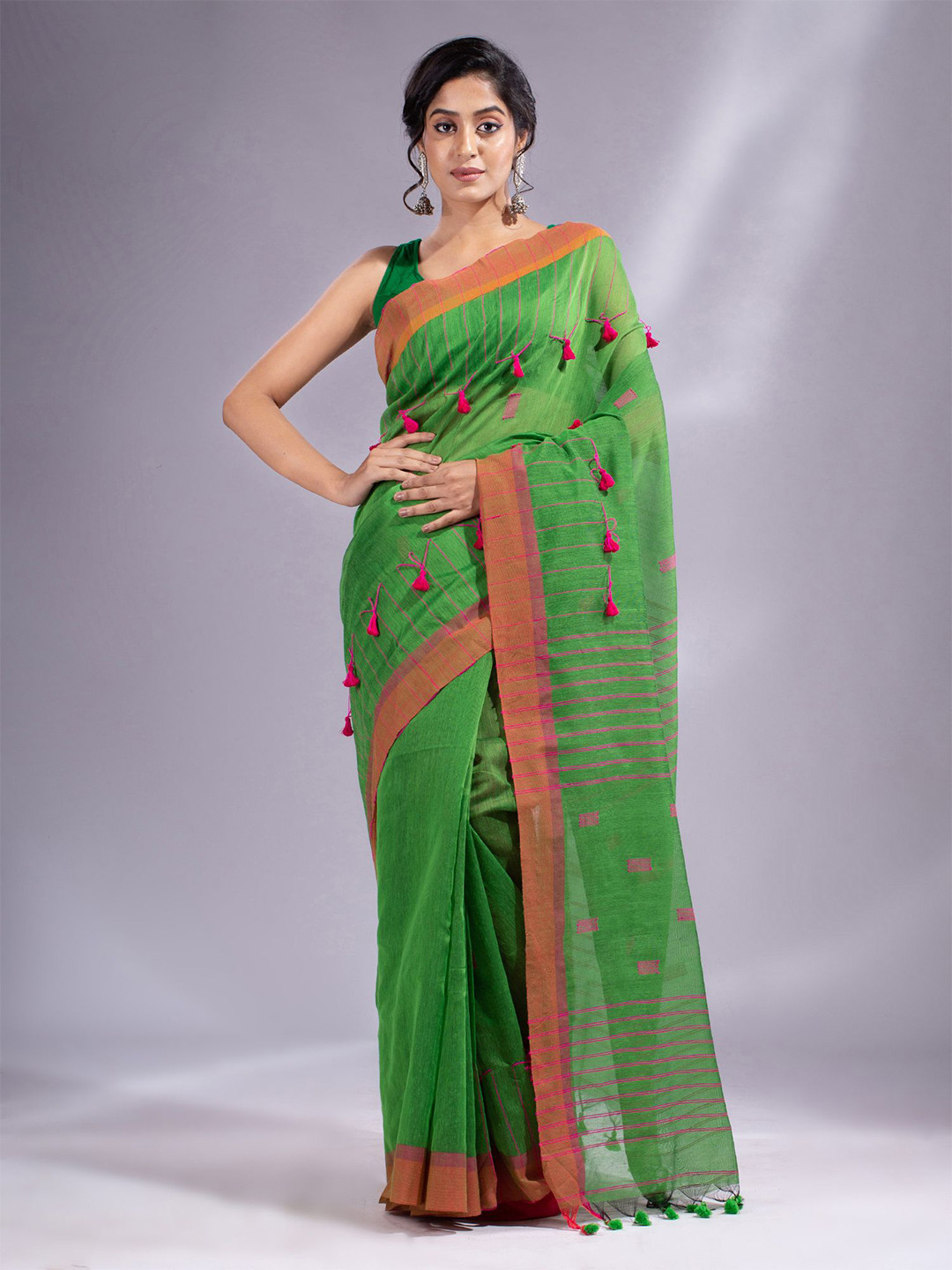 Charukriti Green & Pink Solid Pom Pom Saree