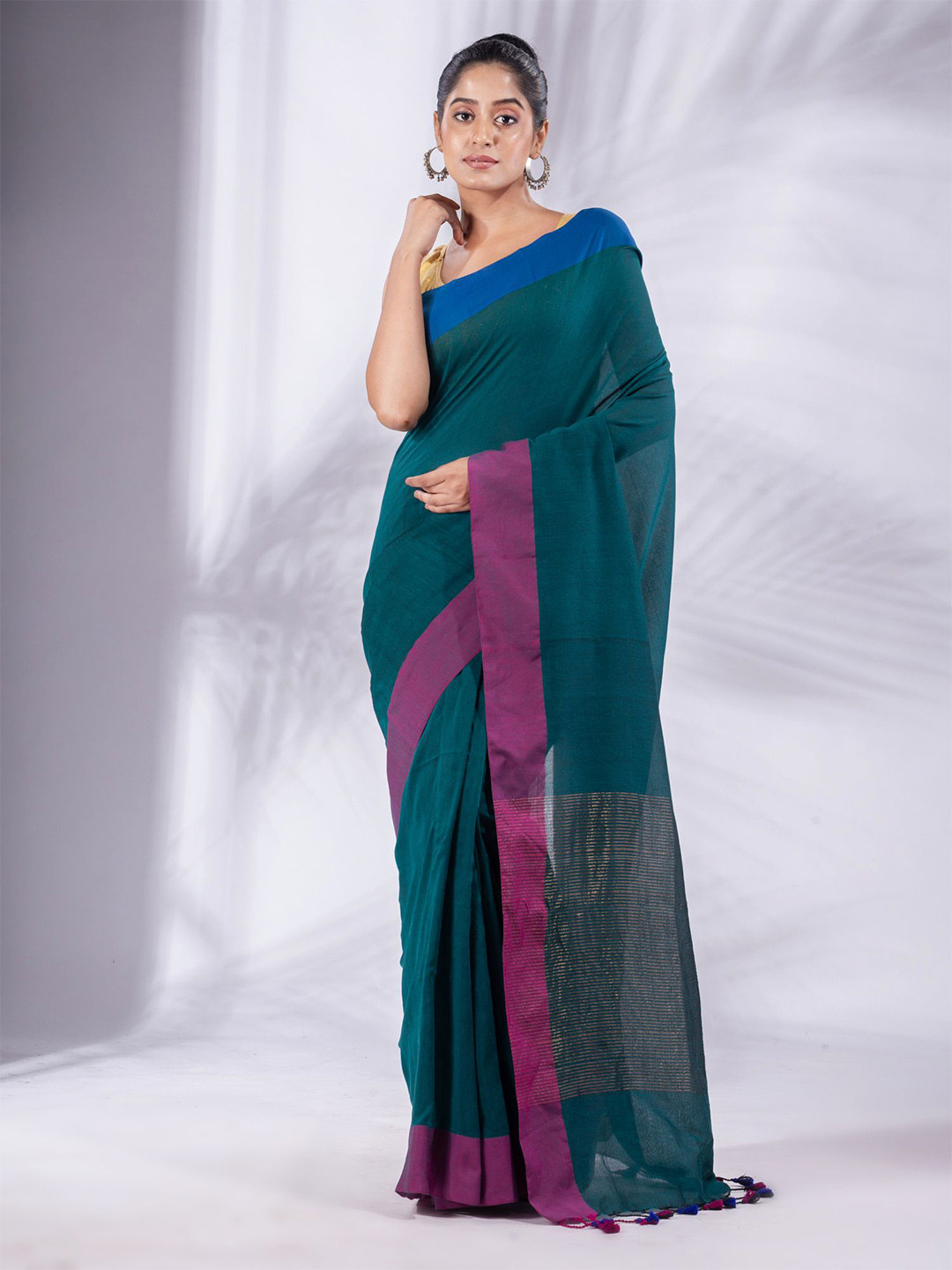Charukriti Teal Blue & Pink Pure Cotton Saree