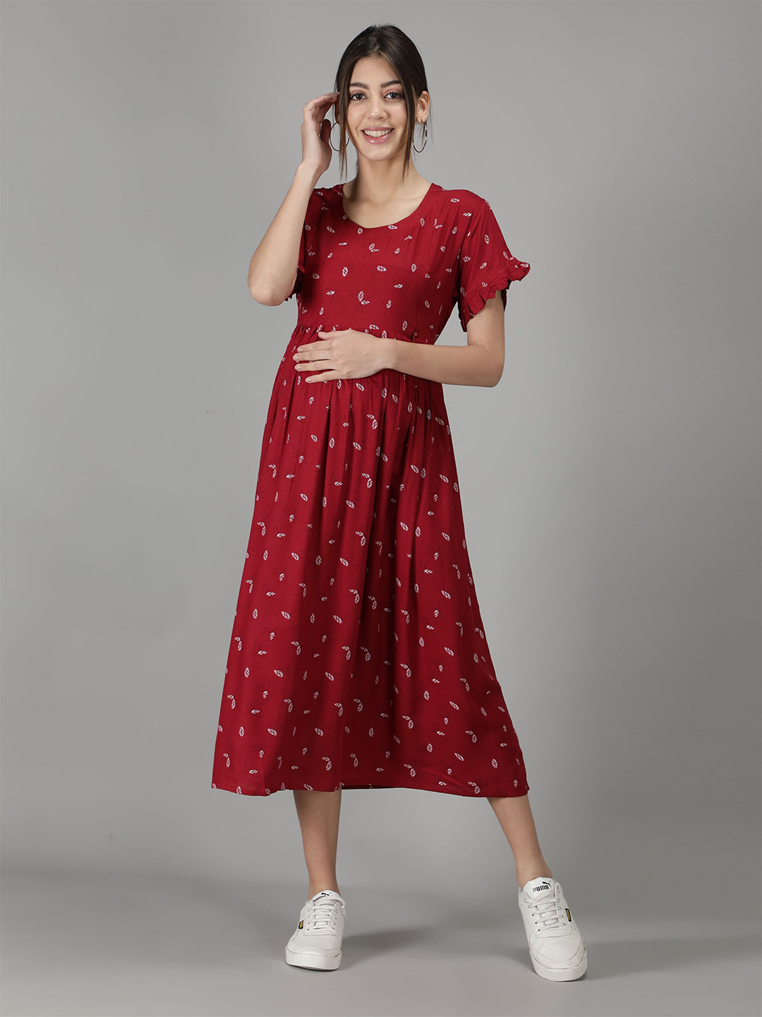 NIGHTSPREE Red Floral Maternity Midi Dress
