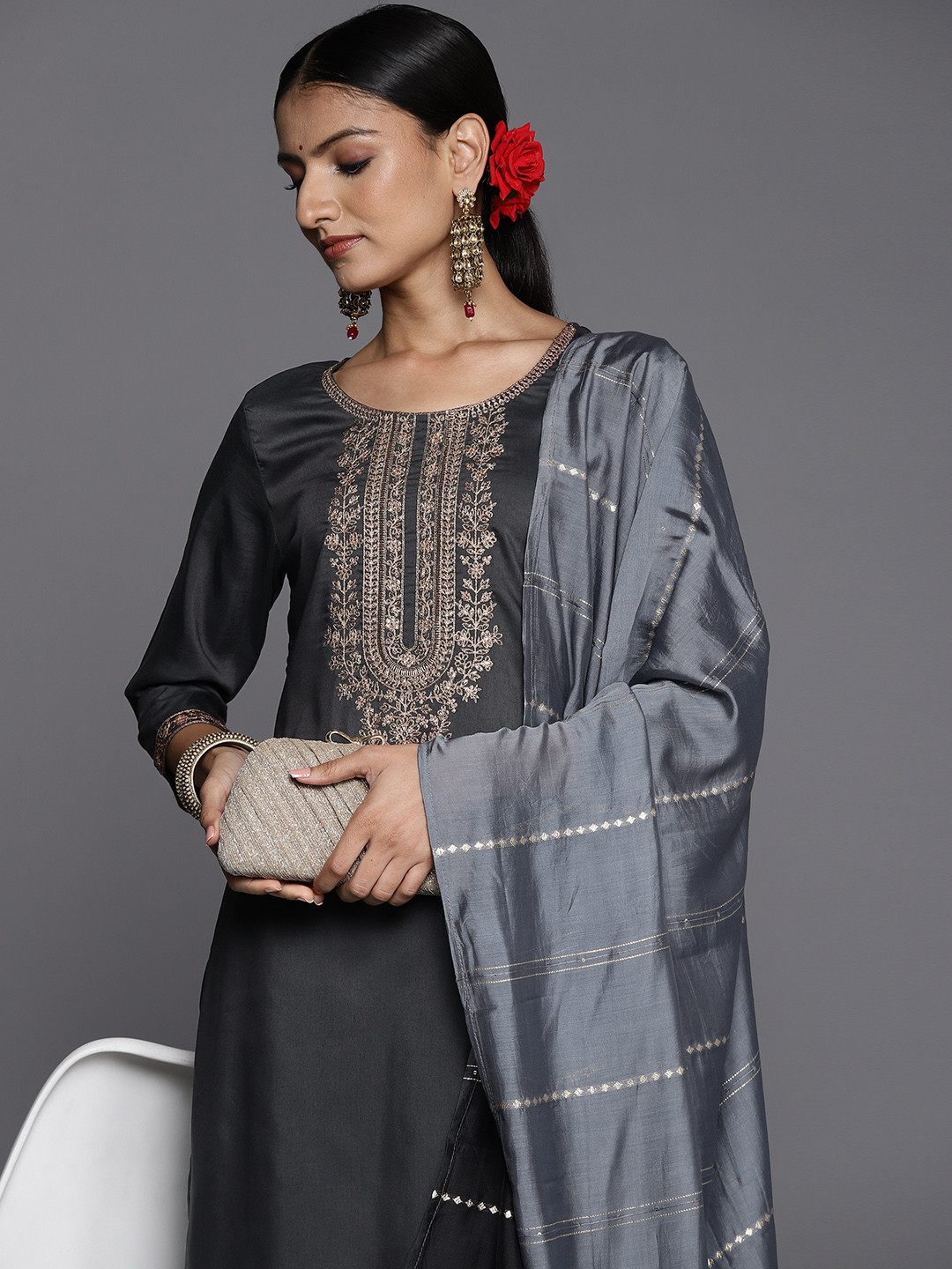 Varanga Women Grey Ethnic Motifs Yoke Design Kurta with Trousers & With Dupatta