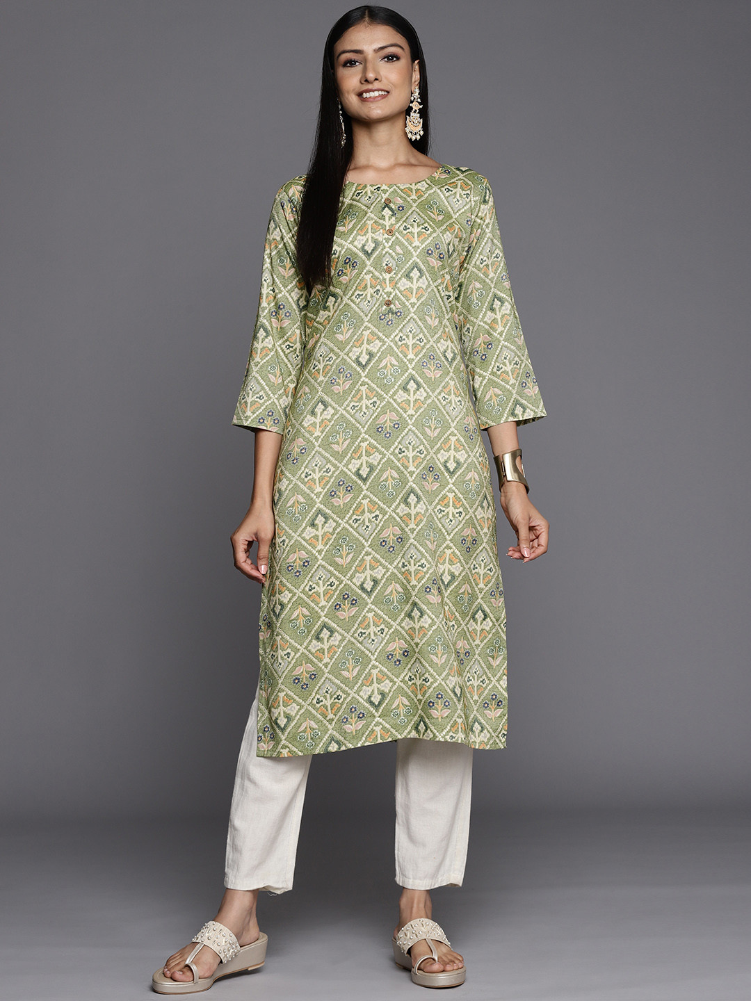 Varanga Women Green & Cream-Coloured Ethnic Motifs Printed Kurta