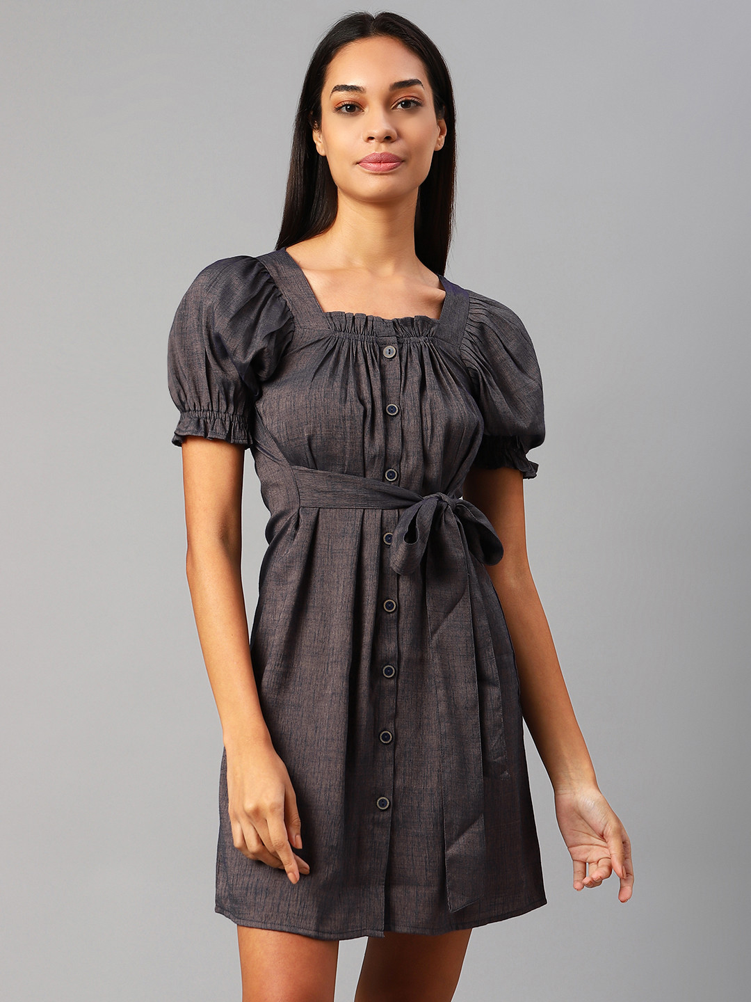 Cottinfab Navy Blue Puff Sleeves A-Line Dress