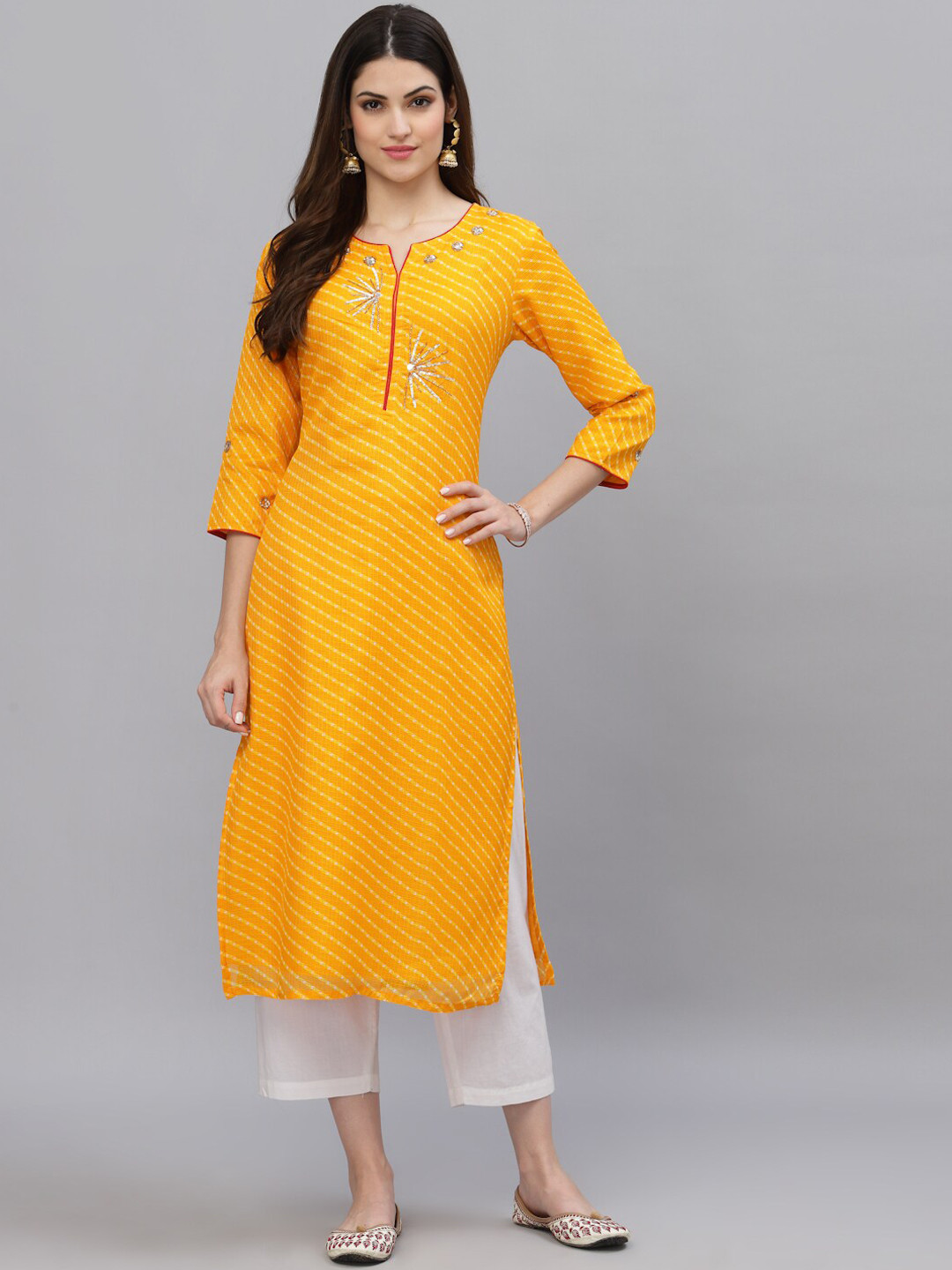 Ragavi Women Yellow Leheriya Embellished Kurta