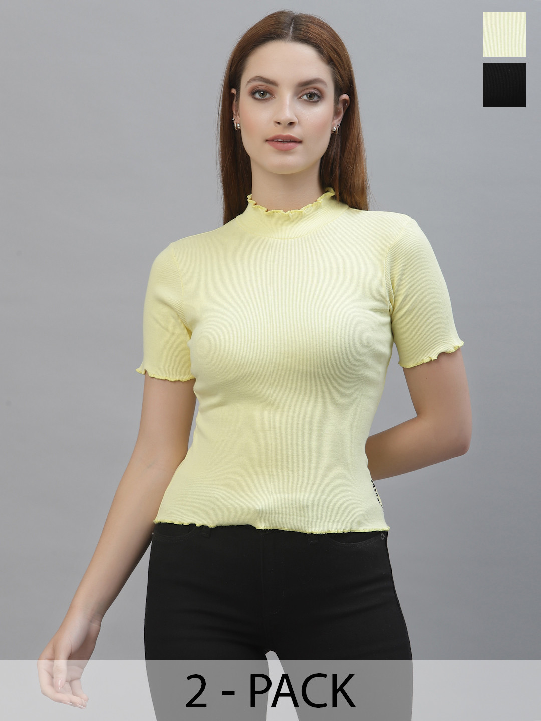 Friskers Women Black & Yellow Pack Of 2 Organic Cotton Rib Top