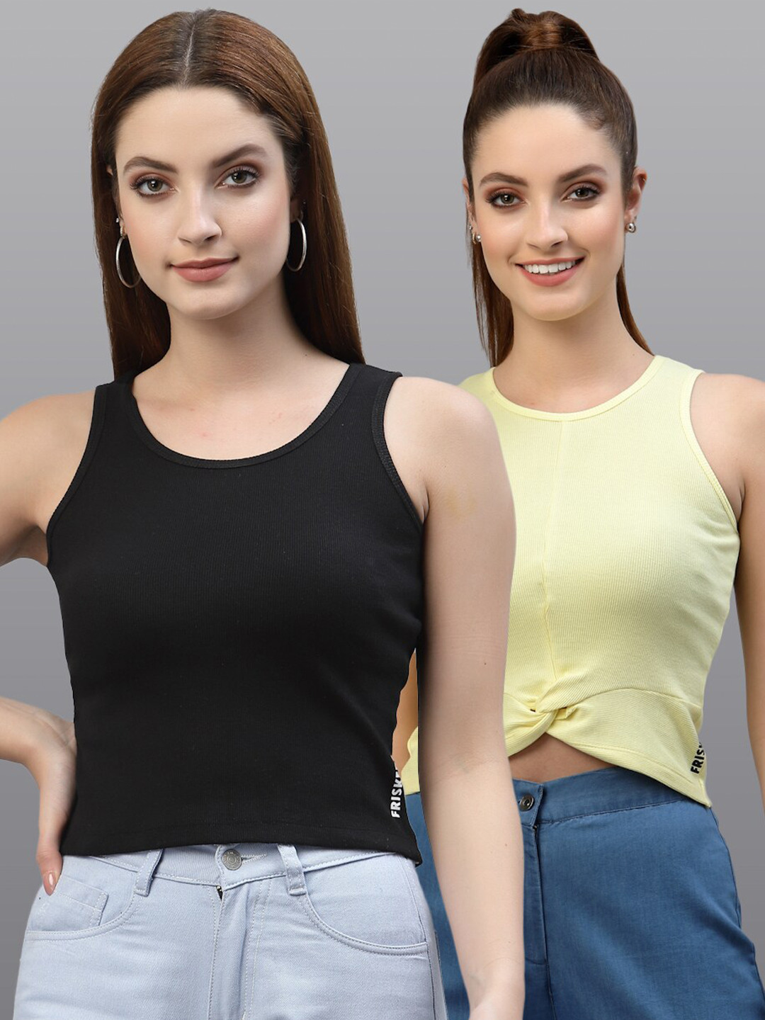 Friskers Black & Yellow Organic Cotton Tank Crop Top Pack Of 2
