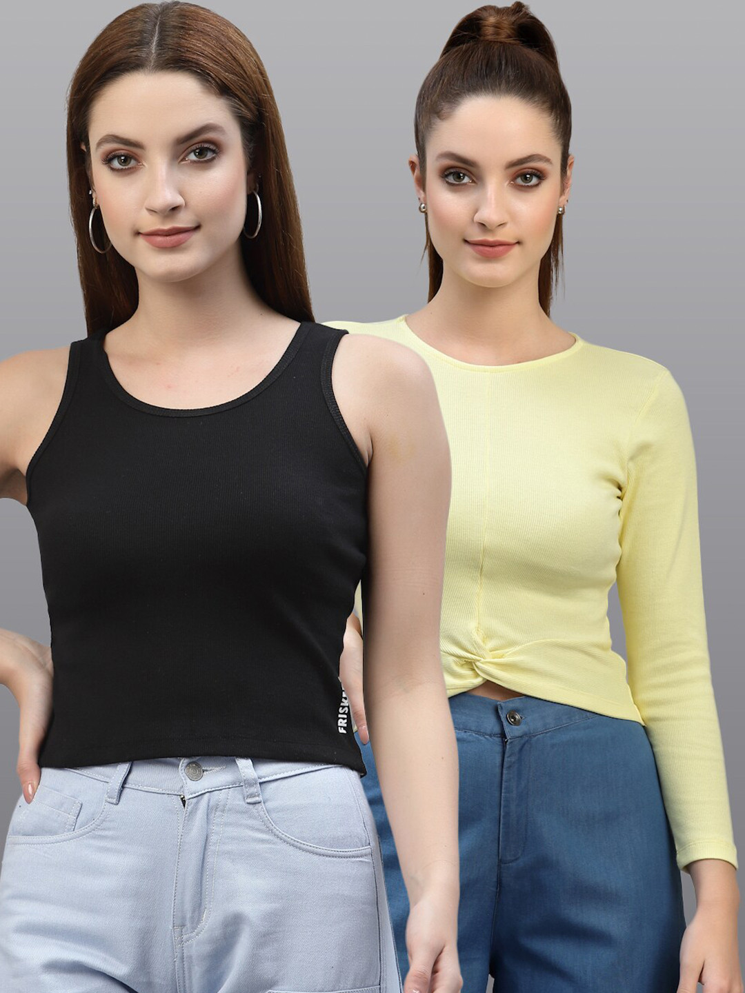 Friskers Black & Yellow Set Of 2 Organic Cotton Crop Top