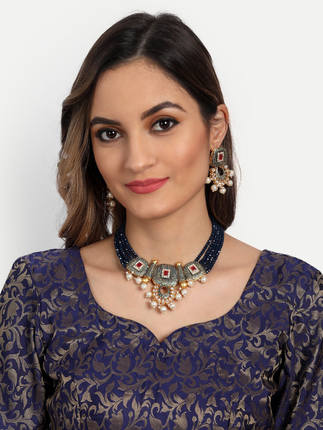 ROHINIKA Gold-Plated & Navy Blue Kundan Studded Jewellery Set