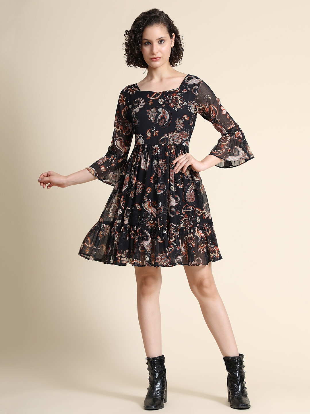KERI PERRY Women Black Paisley Print Flared Dress