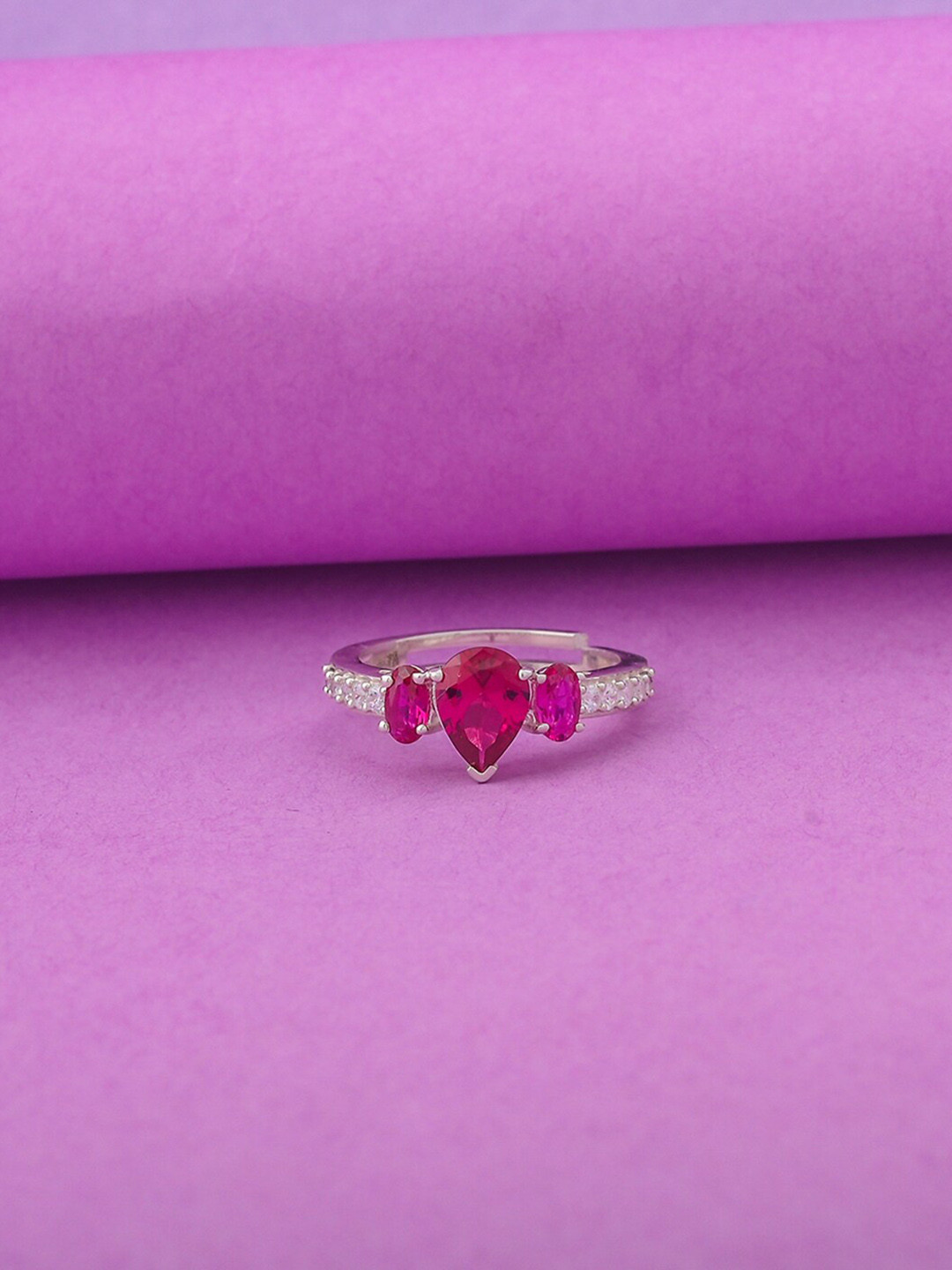 Studio Voylla 92.5 Sterling Silver-Plated Red Stone-Studded Finger Ring