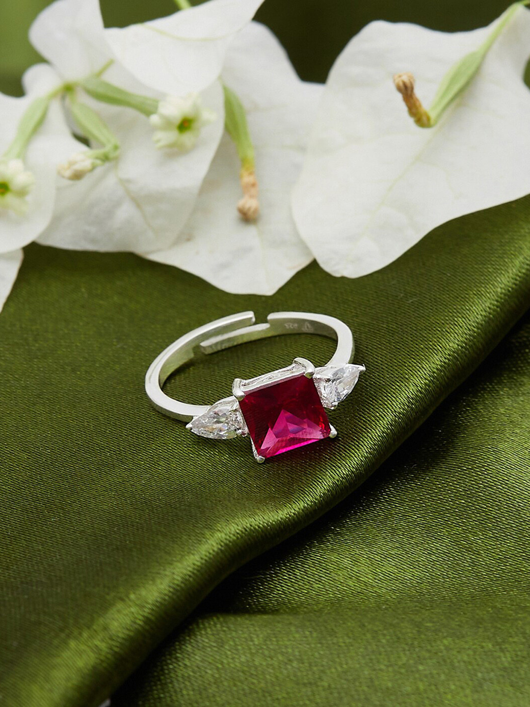 Studio Voylla 92.5 Sterling Silver-Plated Red Stone-Studded Finger Ring