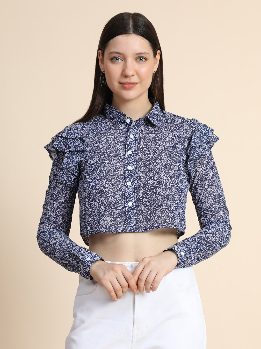 KERI PERRY Women Blue Georgette Printed Straight Top